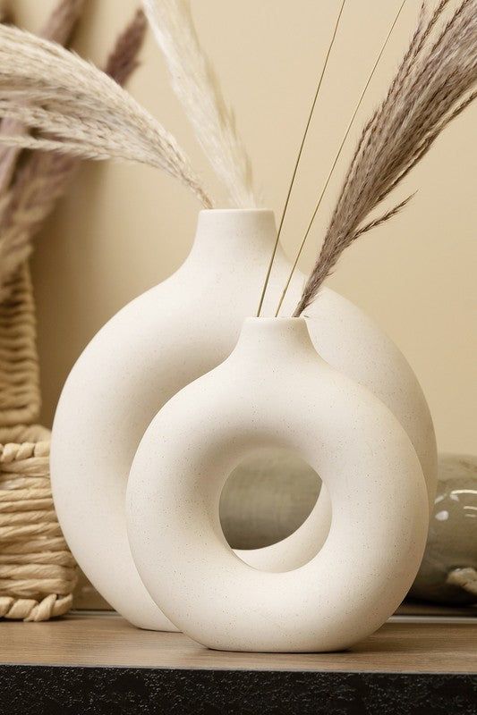 Modern Ceramic Vases – Round Hollow Design (2pcs Set)