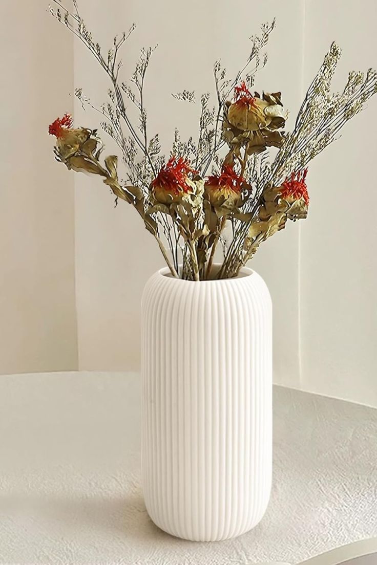 White Ribbed Ceramic Vase
