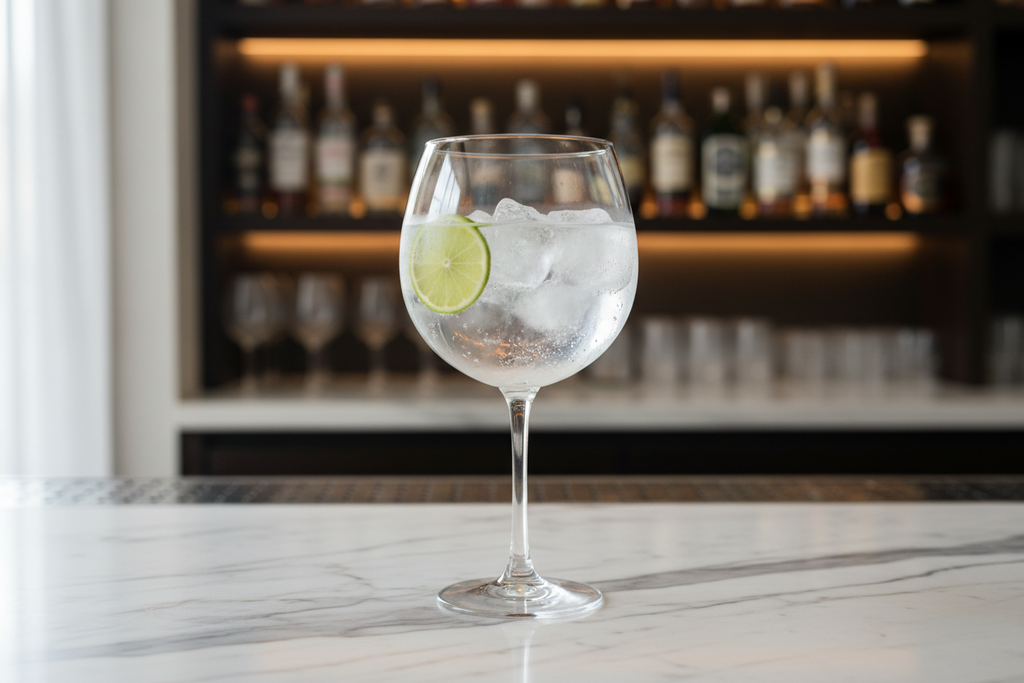 Balloon gin glass with gin and tonic on marble bar counter