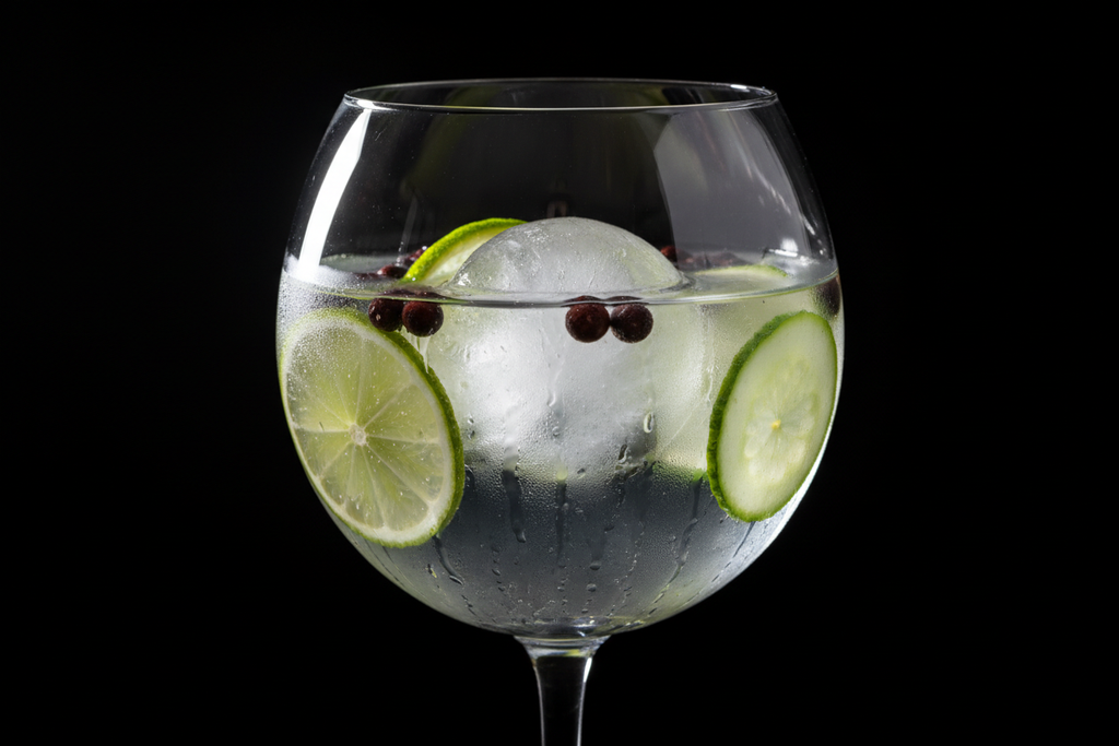 Crystal clear balloon gin glass with ice and fresh botanicals