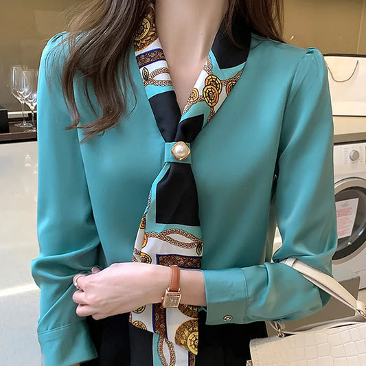 Elegant Fashion Office Lady Bow Solid Chiffon Shirts Women