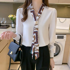 Elegant Fashion Office Lady Bow Solid Chiffon Shirts Women