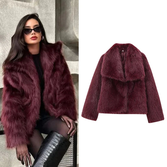 HXAO Women's Fur Coat Women 2024 Plush Burgundy