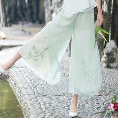 Chinese Ethnic Style Chiffon Print Wide-leg Pants Retro Literary