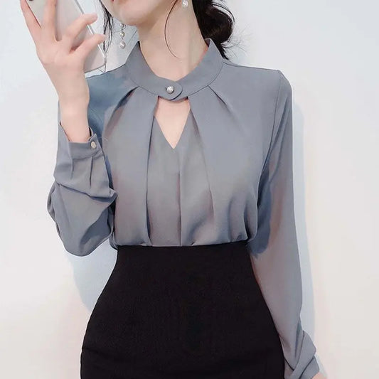 Women Office Blouse Women Long Sleeve Black Shirt Plus Size