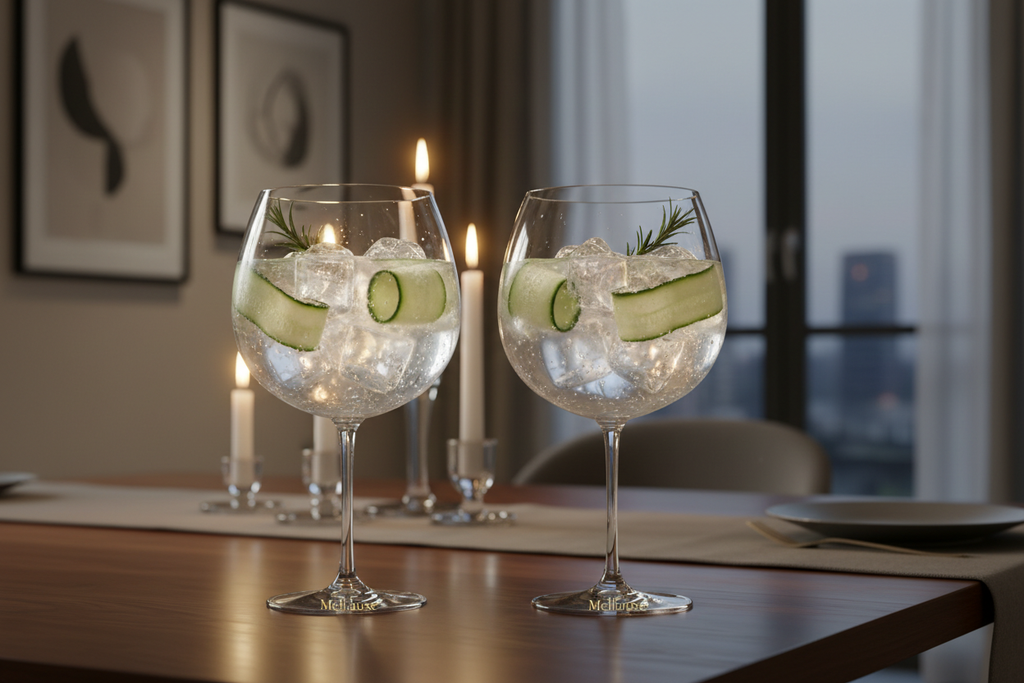 Two balloon gin glasses filled with gin cocktails for entertaining